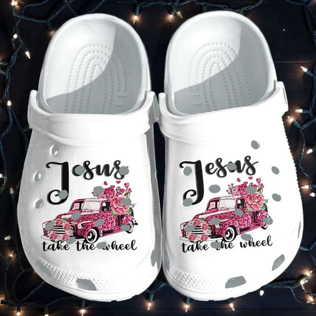Croc Clog Shoes: Jesus Take The Wheel! Leopard Pattern Water Shoes with Jesus Christ FlowersClog Croc Clog Shoes: Jesus Take The Wheel! Leopard Pattern Water Shoes with Jesus Christ FlowersClog