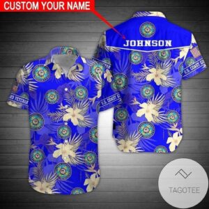 Get Here Name Personalized Us Coast Guard Blue Hibiscus Hawaiian Aloha Shirts Hawaiian Shirt Set for Men Women Kids - Gift for Dad Father's Day