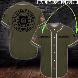 Gift For Father Personalized Name And Rank US Coast Guard Veteran Olive Baseball Jersey
