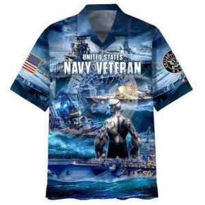 US Navy Veteran Hawaiian Shirt - Blue Aloha Shirt for Adults