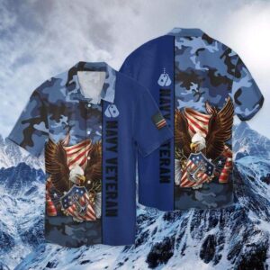 Navy Veteran Hawaiian Shirt: Blue Eagle Patriot Camo Aloha Shirt