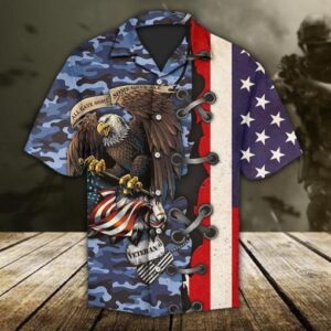 Patriotic Veterans Day Hawaiian Shirt: Eagle with American Flag & Dog Tags Navy Camo