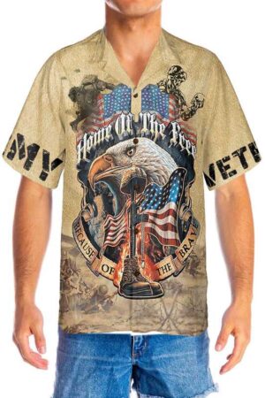 Eagle Army Veteran Home Of The Free Hawaiian Shirt, Vintage American Flag Veteran Shirt 3