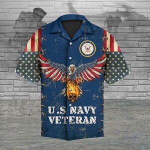 U S Navy Veteran Eagle Fire Skull American Flag Hawaiian Shirt - Veterans Day Tribute