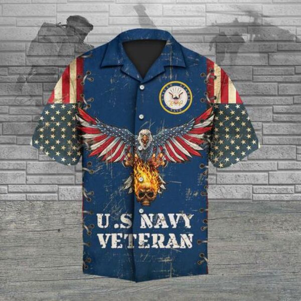 U S Navy Veteran Eagle Fire Skull American Flag Hawaiian Shirt – Veterans Day Tribute